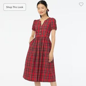 J. Crew Stewart tartan puff-sleeve midi dress with jeweled buttons